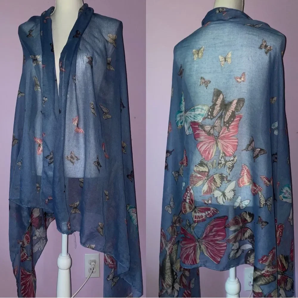 Sheer Blue Scarf with Butterfly Novelty Print Wrap Shawl